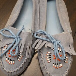 Blue Suede Moccasins with Beaded Design